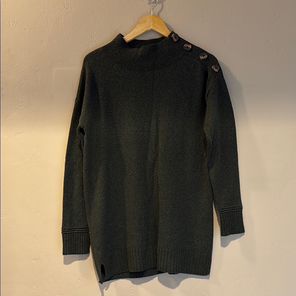 LOFT Dark Green Turtleneck Sweater with Button Detail